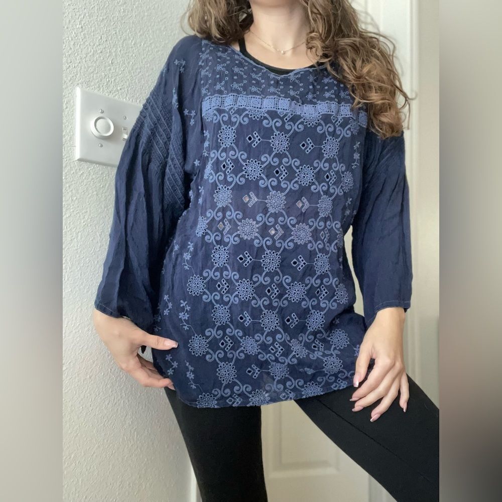 Johnny Was Boho Embroidered‎ Tunic Top Long Butterfly Sleeve Sz Medium Blue